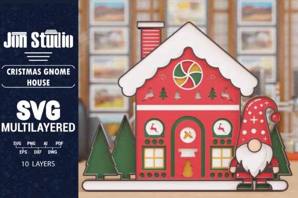3D Christmas House Gnome LaserCut SVG: Graphics & Crafts